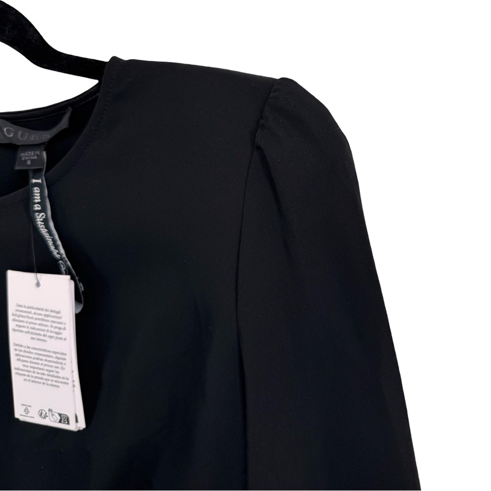 GUESS Eco Angele Foliage Mini Dress Black Embroidered Bell Sleeve Size L - Picture 15 of 15